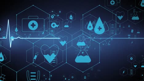 Animation-of-heartbeat-on-medical-icons-and-data-processing-on-blue-background