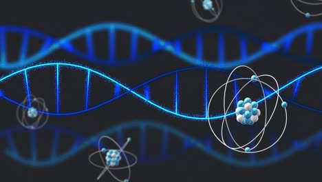 Animation-Von-Mikro-Atommodellen-Und-DNA-Strängen-Auf-Schwarzem-Hintergrund