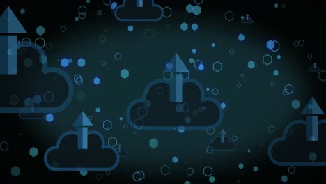 Animation-of-shapes-over-clouds-with-arrows-on-black-background