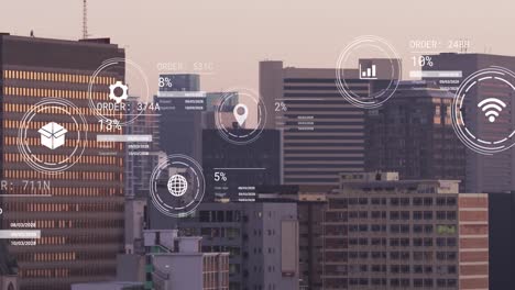 Animation-of-icons-with-data-processing-over-cityscape