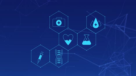 Animation-of-medical-icons-and-lines-on-blue-background