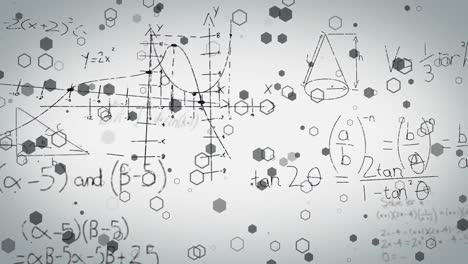 Animation-of-mathematical-formulae-and-spots-on-white-background