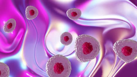 Animation-Von-Mikrozellen-Aus-Roten-Und-Rosafarbenen-Zellen-Auf-Rosa-Und-Violettem-Hintergrund