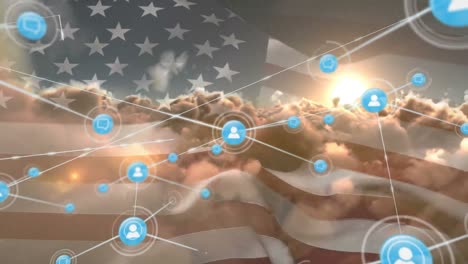 Animation-of-network-of-digital-icons-over-clouds-and-sun-in-the-sky-against-waving-american-flag