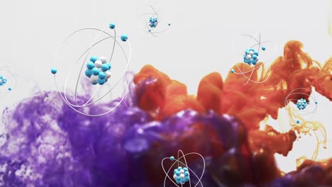 Animation-of-molecules-over-colourful-liquid-on-white-background