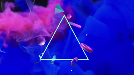Animation-of-shapes-over-pink-smoke-on-blue-background