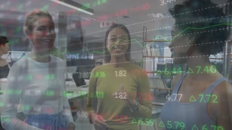 Animation-of-stock-market-data-processing-against-portrait-of-three-diverse-women-smiling-at-office