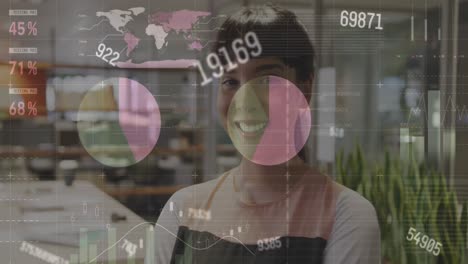 Animation-of-statistical-data-processing-against-portrait-of-biracial-woman-smiling-at-office