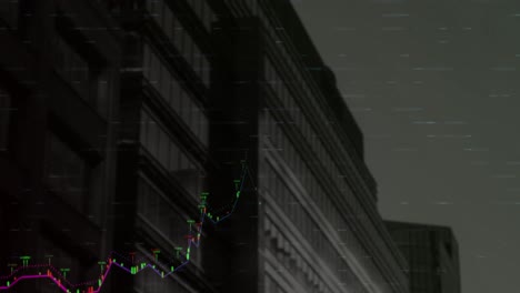 Animation-Der-Finanzdatenverarbeitung-Vor-Der-Hintergrundansicht-Eines-Hohen-Gebäudes