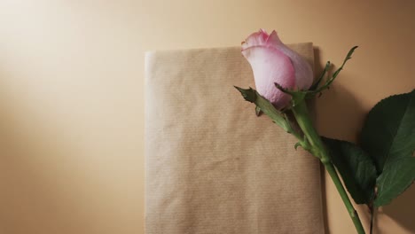 Video-of-pink-rose-with-brown-envelope-and-copy-space-on-yellow-background