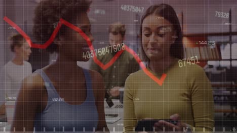 Animation-of-changing-numbers-and-red-graph-against-two-diverse-women-discussing-at-office