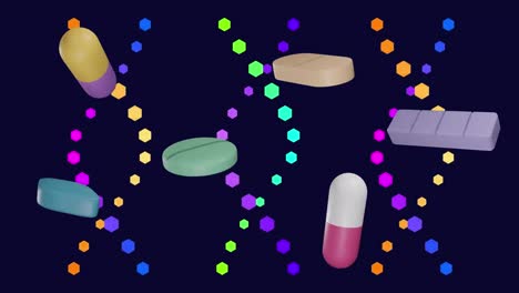 Animation-of-floating-pills-and-dna-strands-on-black-background