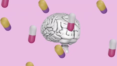 Animation-Von-Schwimmenden-Pillen-Und-Gehirn-Auf-Rosa-Hintergrund