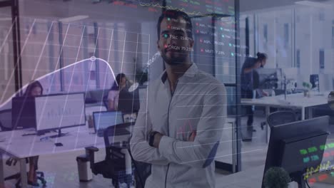 Animation-of-stock-market-data-processing-against-portrait-of-biracial-man-smiling-at-office