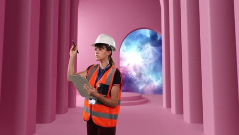 Animation-of-caucasian-female-worker-over-clouds