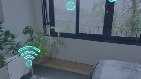 Animation-of-wifi-icons-over-bedroom-interior
