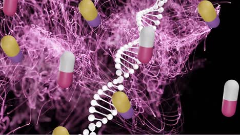 Animation-of-floating-pills-and-dna-strand-on-black-background