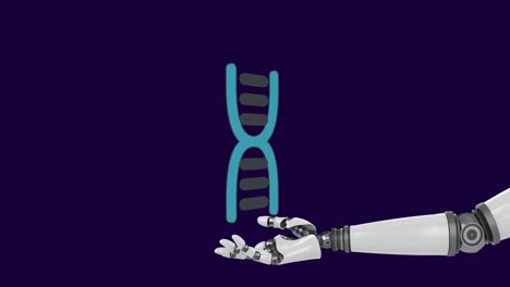 Animación-Del-Brazo-Del-Robot-Sosteniendo-Una-Cadena-De-ADN-Sobre-Fondo-Azul-Oscuro