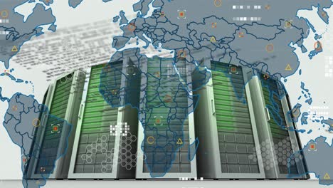 Animation-of-world-map-and-data-processing-over-computer-servers-against-grey-background