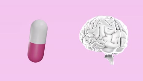 Animation-of-floating-pills-and-brain-on-pink-background