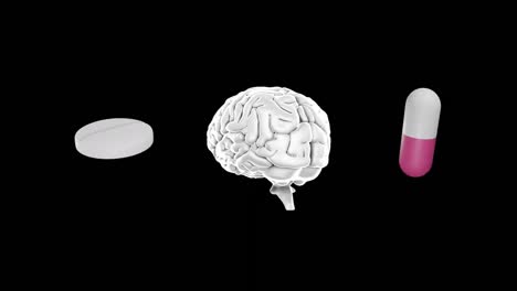 Animation-of-floating-pills-and-brain-on-black-background