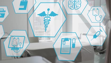 Animation-of-hexagons-with-medical-icons-over-hospital-room