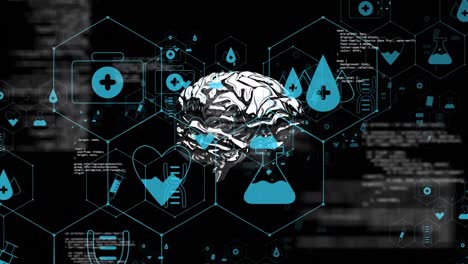 Animation-of-medical-icons-with-brain-and-data-processing-on-black-background