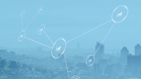 Animation-of-network-of-conncetions-with-icons-over-cityscape