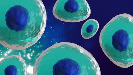 Animation-of-micro-of-blue-and-turquoise-cells-on-vibrant-coloured-background