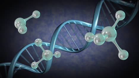 Animation-Von-3D-Mikromolekülen-Und-DNA-Strang-Auf-Blauem-Hintergrund