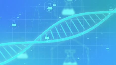 Animation-of-3d-micro-of-dna-strand-and-chemistry-icons-on-blue-background