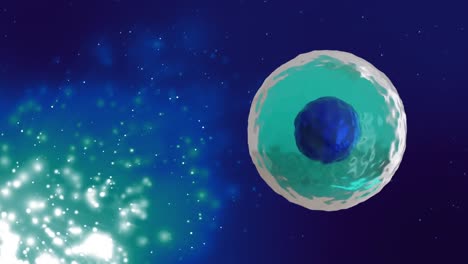 Animation-of-micro-of-blue-and-turquoise-cell-on-light-spots-on-blue-background