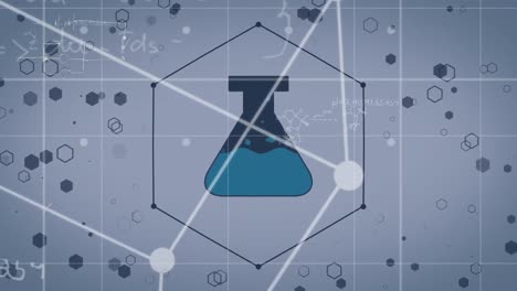 Animation-of-cube-with-chemical-icon-and-grid-on-blue-background