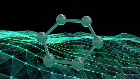Animation-Eines-3D-Mikronetzwerks-Aus-Molekülen-Auf-Grünem-Netz-Und-Schwarzem-Hintergrund