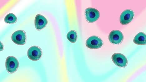 Animation-of-micro-of-blue-and-turquoise-cells-on-vibrant-coloured-background