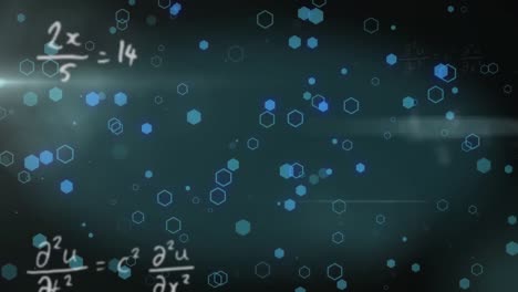 Animation-of-mathematical-formulae-and-spots-on-blue-background