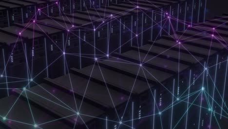 Animation-Eines-Verbindungsnetzwerks-Und-Digitaler-Symbole-über-Servern-Auf-Schwarzem-Hintergrund