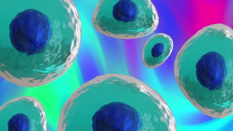 Animation-Von-Mikrozellen-Aus-Blauen-Und-Türkisfarbenen-Zellen-Auf-Leuchtend-Farbigem-Hintergrund
