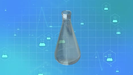Animation-Von-Chemiesymbolen-Und-Chemiebechern-Auf-Blauem-Hintergrund