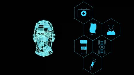 Animation-of-medical-icons-and-digital-head-on-black-background