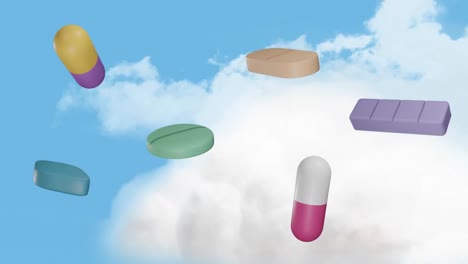 Animation-of-floating-pills-and-clouds-on-blue-background