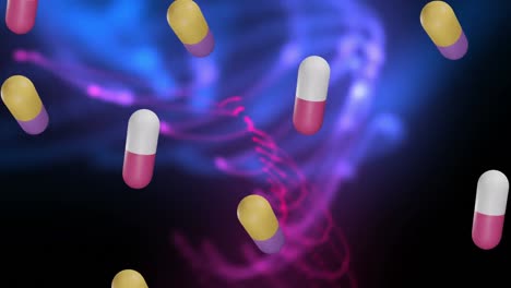 Animation-of-floating-pills-and-shapes-on-black-background