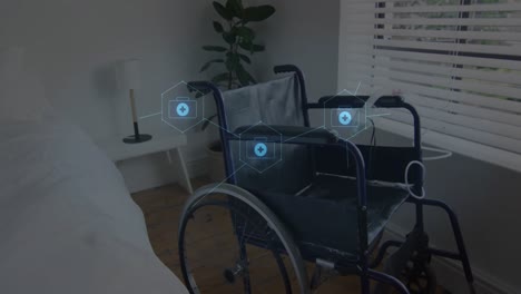 Animation-of-medical-icons-over-wheelchair-in-hospital-room
