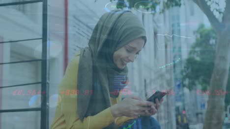 Animation-Der-Finanzdatenverarbeitung-über-Eine-Glückliche-Biracial-Frau-Im-Hijab,-Die-Ihr-Smartphone-Auf-Der-Straße-Benutzt