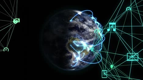 Animation-of-network-of-digital-icons-and-blue-light-trails-over-spinning-globe-on-black-background