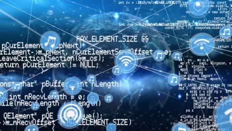Animation-Eines-Netzwerks-Digitaler-Symbole-Und-Datenverarbeitung-über-Einem-Sich-Drehenden-Globus-Auf-Blauem-Hintergrund