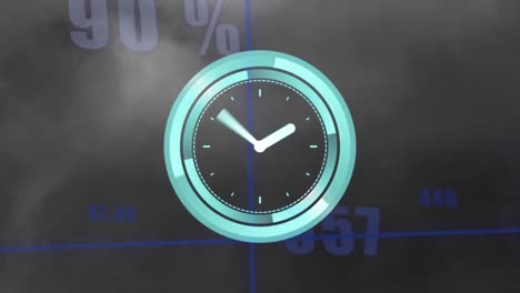 Animation-of-neon-ticking-clock-over-statistical-data-processing-against-grey-background
