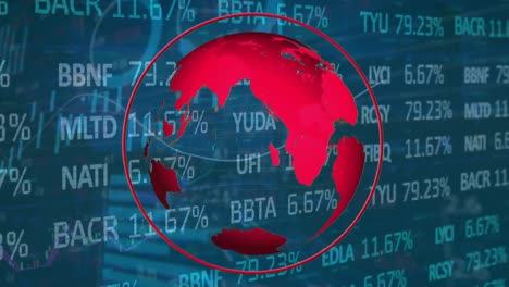 Animation-of-spinning-globe-over-statistical-and-stock-market-data-processing-on-blue-background