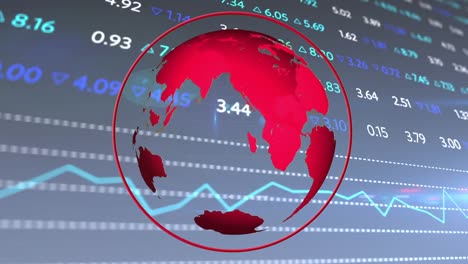 Animation-Eines-Sich-Drehenden-Globus-über-Der-Datenverarbeitung-An-Der-Börse-Und-Lichtfleck-Auf-Blauem-Hintergrund