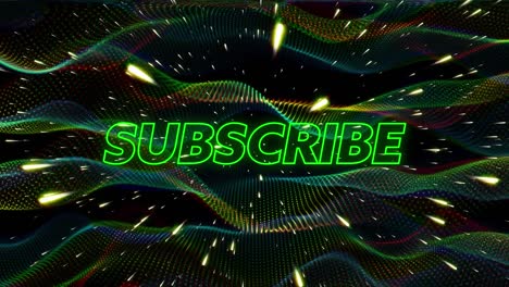 Animation-of-light-trails-over-neon-subscribe-text-banner-against-digital-waves-on-black-background